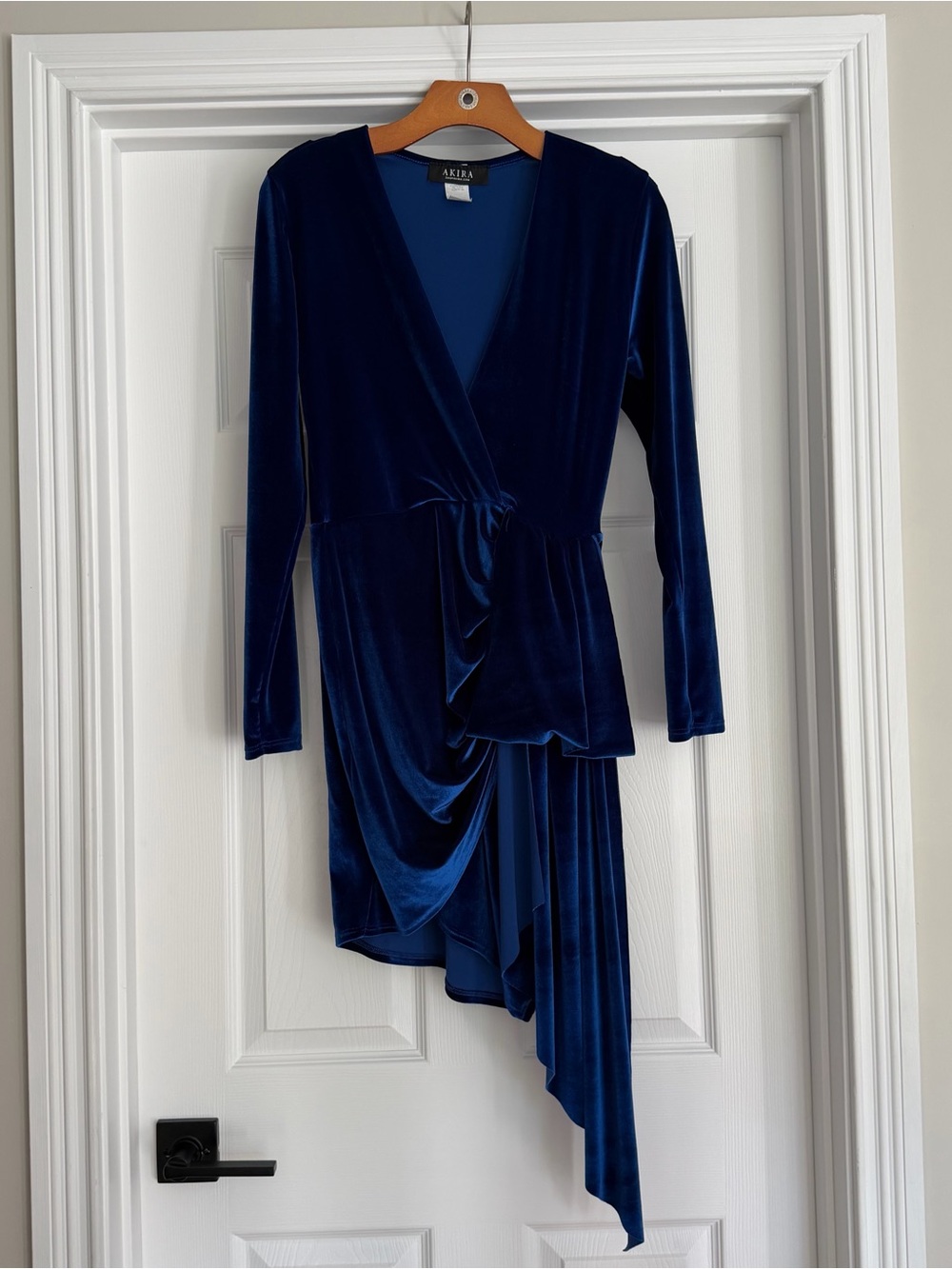 AKIRA Deep Blue Velvet Asymmetrical Wrap Dress